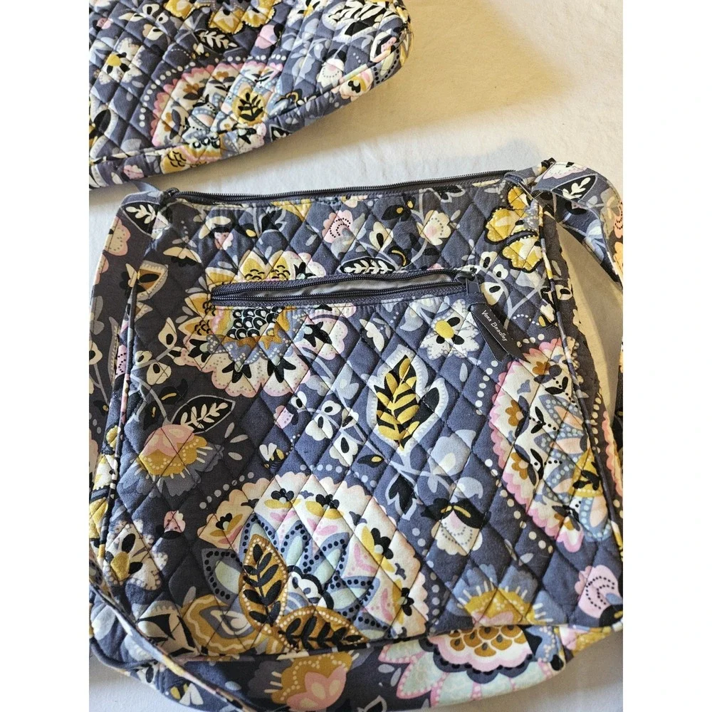 Vera Bradley Floral Quilted Messenger Bag Purse Wallet Laptop Sleeve Bundle Blue